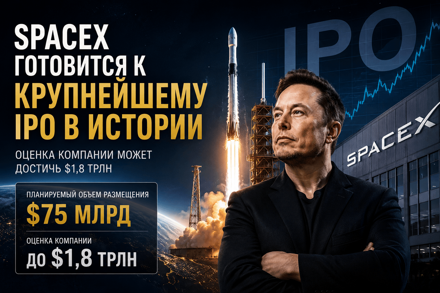 PO SpaceX может стать крупнейшим в истории: оценка компании приближается к $1,8 трлн
